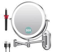 Auxmir Espejo Maquillaje con Luz Pared Aumento 1X/30X Recargable 3200mAh Doble Cara Giratorio 360, Espejo Baño Brazo Extensible Táctil USB, 3 Colores Brillo Regulable, Plata