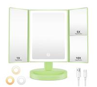 Auxmir Espejo Maquillaje con Luz, Recargable 1X/5X/10X Espejo Aumento Tríptico, 68 Luces LED con Pantalla Táctil Brillo Ajustable, Giratorio 180°, Verde