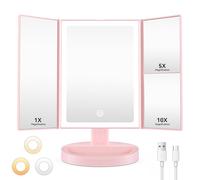 Auxmir Espejo Maquillaje con Luz, Recargable 1X/5X/10X Espejo Aumento Tríptico, 68 Luces LED con Pantalla Táctil Brillo Ajustable, Giratorio 180°, Rosa