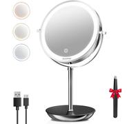 Auxmir Espejo Maquillaje con Luz Recargable, 30X/1X Aumento con USB 2000mAh Espejo Metálico Giratorio 360°, 3 Colores LED y Brillo Regulable Afeitado Depilar Cejas, Plateado