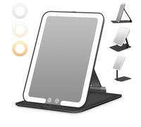 Auxmir Espejo Maquillaje con Luz Recargable, Plegable Portátil con Sensor Inteligente Control Táctil, 3 Colores LED Brillo Regulable con USB 1500mAh para Viajes y Uso Diario de Mesa (Negro)