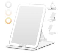 Auxmir Espejo Maquillaje con Luz Recargable por USB, 3 Colores de Luz Brillo Regulable LED, Control Táctil, Espejo Plegable Portátil para Viajes Tocador, Rectangular, Blanco