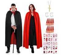 AUYAO Capa con Cuello Mujer Hombre, con 4 Accesorios,150 CM Capa Vampiro Adulto de Doble Cara Negra y Rojo Brillante, Capa Halloween Adulto de Medieval Bruja Elfo Muerte para Carnaval