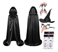 AUYAO Capa Negra con Capucha, Set de 8 con Pegatinas de Cicatrices, Gafas de Nariz Larga, Sombrero de Mago y Uñas de Vampiro Negras, Capa Halloween Adulto de Bruja Vampiro Mago para Carnaval Fiesta