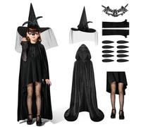 AUYAO Capa Negra con Capucha Terciopelo, Set de 6 Disfraz de Vampiro Halloween para Mujer y Hombre, Capa de Bruja con Uñas de Vampiro y Sombrero de Mago Rosa, Halloween Carnaval Navidad Fiesta, 100cm