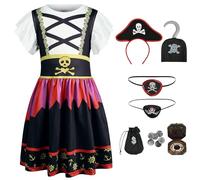 AUYAO Disfraz Pirata Niños, Set de 7Pcs Disfraces Piratas con Vestido, Sombrero y Parche en el Ojo, Conjunto de Niña Bucanero Vestid, Disfraz Halloween Niñas para Cosplay Carnaval Fiesta, 120cm