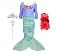 AUYAO Disfraz Sirenita Niña, Vestido Princesa de Sirena Con Peluca, Corona y Varita Mágica, Para Halloween, Cosplay, Carnaval, Fiesta, Cumpleaños, 120cm