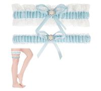 AUYAO Liga Novia Azul, Ligas de Encaje Azul con Lazo Perla Cordón, Ligas de Boda para Novias, pPara Mujer la Fiesta de Bodas Bachelor Party, 2 Piezas