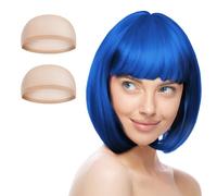 AUYAO Peluca Azul Rey Brillantes, Recta Corta Peluca de Anime Cosplay con Redecilla Pelo, Pelucas Corto Bob con Flequillo, Pelucas de Color Neón para Halloween Carnaval de Mujer y Niñas