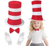AUYAO Sombrero de Rayas Rojas y Blancas Niño Adulto, 3pcs Gato el Sombrero con Guantes Cortos Blancos y Corbata de Moño, Día Mundial del Libro Escuela Libro Semana Fancy Dress Hat