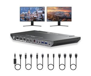 AV Access KVM Switch Dock 3 Computers 2 Monitors, 4K HDMI KVM Switch Dual Monitor, Carga Tipo-C 65W para Portátil, Ethernet, EDID, Hotkey Switch, USB-C MST Dual 4K@60Hz, 1080P@240Hz, 2K@144Hz, USB 3.0