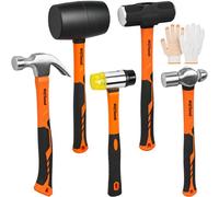 AV Steel Juego de 5 martillos de mazo, mazo de goma de 32 onzas, mazo de doble cara de 33 mm, martillo de garra de 16 onzas, martillo de bola de 16 onzas y trineo de 3 libras y guantes para bricolaje