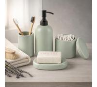 Ava Nord Juego de Accesorios de Baño de Cerámica | 4 Piezas | Verde | Dispensador de Jabón + Portacepillos + Jabonera + Vaso, Diseño Escandinavo Estético, Resistente a los Arañazos, Duradero