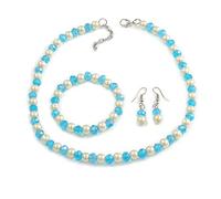 Avalaya 8mm Single Bead/Azure Blue Glass Bead and White Faux Pearl Collar/Flex Bracelet/Drop Earrings Set/43cm Long/4cm Ext, talla única, Vidrio Metal Gema Plata Perla de imitación, Piedra preciosa,