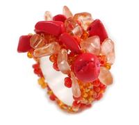Avalaya Anillo flexible con cuentas de cristal y piedra en racimo de color rojo/coral/naranja, talla M/L, talla única, Cristal