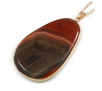 Avalaya Colgante ovalado de piedra semipreciosa de ágata marrón con cadena dorada, 70 cm de largo