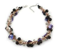 Avalaya Collar con cuentas de cerámica negra y conchas moradas/naturales, tono plateado, 43 cm de largo y 5 cm de extensión, talla única, Cerámica Cerámica concha de mar