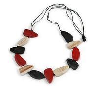 Avalaya Collar de cordón de algodón negro con cuentas de madera geométrica de color rojo/blanco/negro, 94 cm de largo (longitud máxima) ajustable