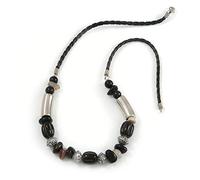 Avalaya Collar de cordón de piel sintética con cuentas de cerámica negra/piedra semipreciosa, 56 cm de largo, talla única, Cerámica Cuero sintético