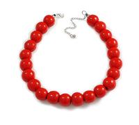 Avalaya Collar de cuentas de madera pulida roja gruesa de 20 mm de diámetro en tono plateado, 44 cm de largo y 10 cm de extensión