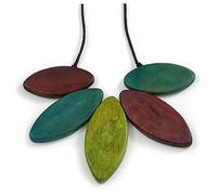 Avalaya Collar de hoja de madera morado/verde azulado/verde oliva con cordón de algodón negro, 100 cm de largo, ajustable