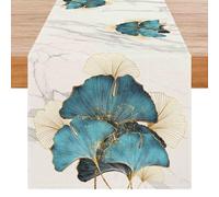 Avalune Camino de Mesa Hojas Verdes Invierno Decoración de Mesa Dorado Textura de Mármol Ginkgo Biloba Aspecto de Lino Moderno Lavable Decoración para Fiesta Reunión Familiar 40x180 cm