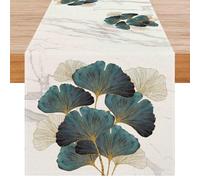 Avalune Camino de Mesa Hojas Verdes Invierno Decoración de Mesa Dorado Textura de Mármol Ginkgo Biloba Aspecto de Lino Moderno Lavable Decoración para Fiesta Reunión Familiar 40x180 cm