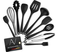 AVANA Juego de utensilios de cocina de silicona, 10 unidades, resistentes al calor, antiadherentes, pinzas de cocina, varillas de nieve, espátula, pincel, color negro
