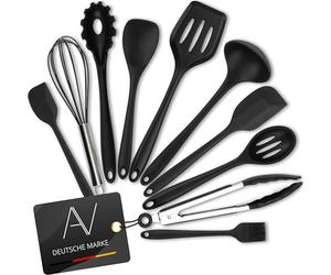 AVANA Juego de utensilios de cocina de silicona, 10 unidades, resistentes al calor, antiadherentes, pinzas de cocina, varillas de nieve, espátula, pincel, color negro