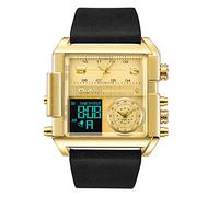 Avaner Fashion Atmosphere Reloj para Hombre, Reloj Multifuncional con Esfera Cuadrada Grande, Puede Configurar Tres Regiones Hora/Semana/Calendario/Alarma/cronómetro, Esfera Oro