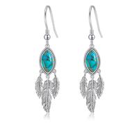 AVECON Pendientes colgantes de plumas para mujer, de plata de ley 925, turquesa verde azulado, turquesa, labradorita, piedra lunar, aretes de gota con plumas, bohemios, vintage, aretes de gancho de