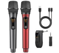 Aveek Microfonos Inalambricos, Micrófono Inalámbrico Profesional Recargable con Receptor 2.4GHz Dual Wireless Microphone para Karaoke Canto, Discurso, Boda, Iglesia, Gris y Rojo, 2 Piezas