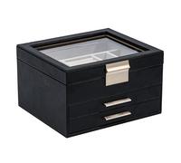 Avejjbaey Caja expositora multifuncional de tres capas con ventana transparente de piel sintética, herrajes dorados para uso doméstico, organizador superior transparente