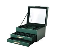 Avejjbaey Caja expositora multifuncional de tres capas con ventana transparente de piel sintética, herrajes dorados para uso doméstico, organizador superior transparente
