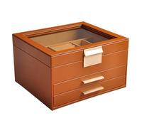 Avejjbaey Caja expositora multifuncional de tres capas con ventana transparente de piel sintética, herrajes dorados para uso doméstico, organizador superior transparente
