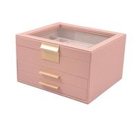 Avejjbaey Caja expositora multifuncional de tres capas con ventana transparente de piel sintética, herrajes dorados para uso doméstico, organizador superior transparente