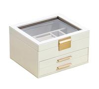Avejjbaey Caja expositora multifuncional de tres capas con ventana transparente de piel sintética, herrajes dorados para uso doméstico, organizador superior transparente