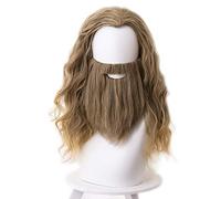 Avengers: Endgame Fat Thor pelo ondulado amarillo y marrón ondulado con barba cortada en mejillas para fiestas de Halloween, peluca de cosplay con gorro de peluca gratis