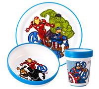 Avengers - Juego de vajilla bicolor reutilizable para niños, 3 piezas, plato, cuenco y vaso, sin BPA