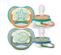 Avent Philips Chupetes ultra air para la noche ligeros y transpirables para bebés a partir de 18 meses, sin BPA y con botón que brilla en la oscuridad, paquete de 2 (modelo SCF376/23)