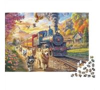Aventura en Tren Vintage. Tren de Vapor de cartón 100% Reciclado con Perros Corriendo. Rompecabezas de 1000 Piezas para Adultos. Un Reto Que estimula la Mente. 52 x 38 cm / 1000 Piezas.