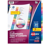 Avery 1-31 separadores de pestañas para carpetas de 3 anillos, tabla de contenido personalizable, pestañas multicolor, 3 juegos (44129)