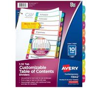 Avery 11842 - Separadores de 10 pestañas para 3 carpetas de anillas, tabla de contenidos personalizables, pestañas multicolores, 1 juego