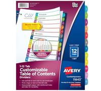 Avery 12 separadores de pestañas para carpetas de 3 anillas, tabla de contenido personalizable, pestañas multicolores, 1 juego (11843)