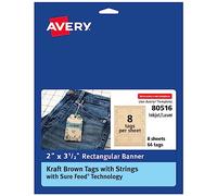 Avery, 80516, Etiquetas de 5 x 9 cm en papel kraft, tecnología Sure Feed, impresión láser e inyección de tinta, cuerdas incluidas, también es ideal para regalos y recuerdos, 64 unidades, Marrón