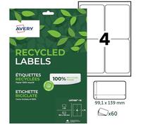 AVERY - Bolsa de 60 etiquetas 100% recicladas adhesivas. Personalizables e imprimibles. Tamaño 99,1 x 139 mm. Impresión láser y inyección de tinta. (LR7169-15)