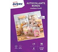 Avery - Bolsa de 96 pegatinas redondas de color kraft, 100% recicladas, personalizables e imprimibles, diámetro 40 mm, impresión láser, inyección de tinta,