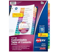 Avery Divisores de 15 pestañas para 3 carpetas de anillos, tabla de contenido personalizable, pestañas multicolores, 3 juegos (11074)