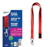 AVERY - Caja de 10 cintas de cuello recicladas rojas con mosquetón. 44 cm de largo x 1,5 cm de ancho. (4842R)
