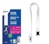 Avery España 4842W - Cordones de RPET reciclado blanco con gancho y cierre de seguridad, 440x15 mm, paquete de 10 unidades - para Porta Credenciales en Ferias, Eventos y Conferencias